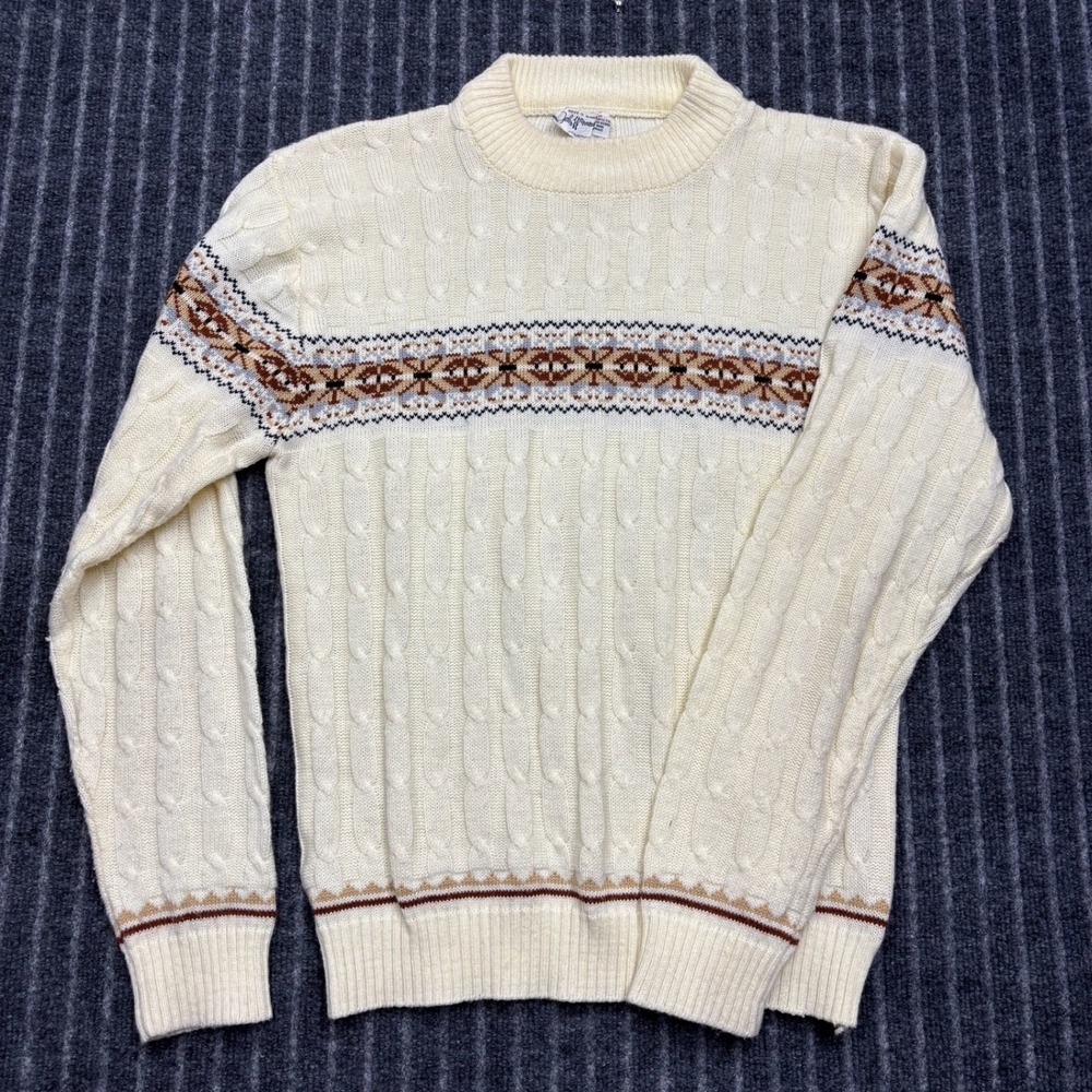 John Wanamaker Mens S Cream Fair Isle Cable Knit Vintage Pullover Sweater (2427)
